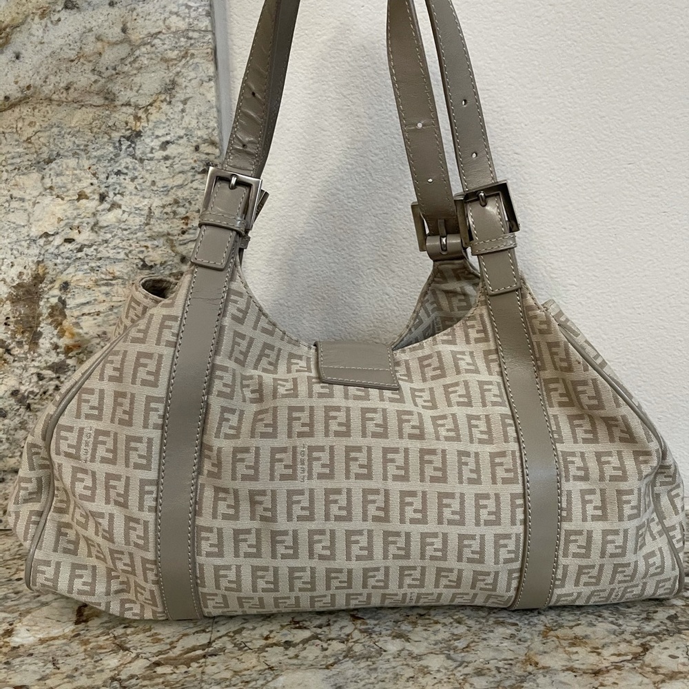 Authentic Fendi Zucchini canvas shoulder bag (tan/beige color)